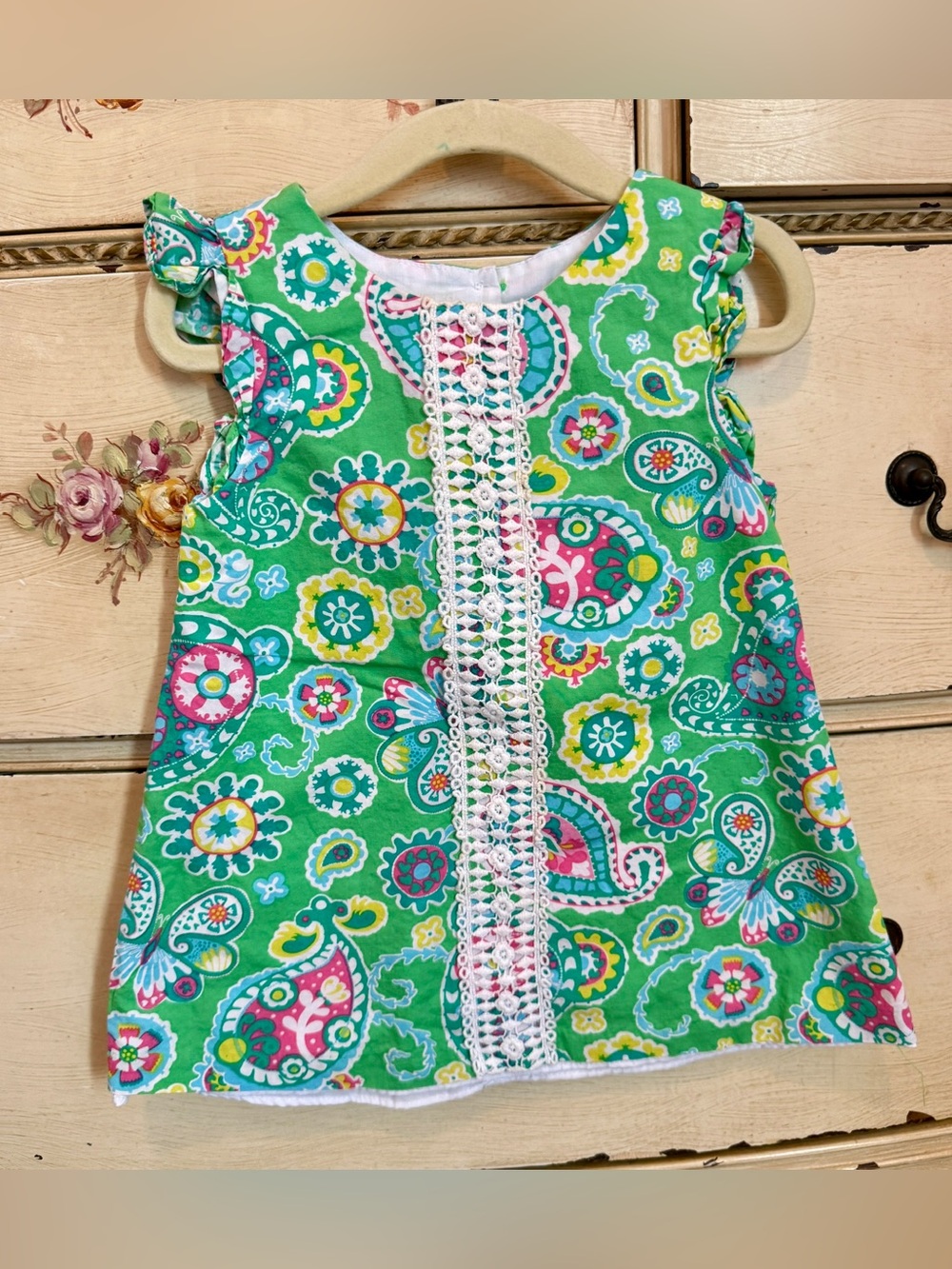 Girls Green Paisley Crochet-Trim Summer Dress